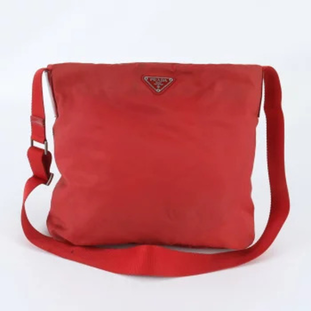 Prada Tessuto Triangle Leather Messenger Crossbody Bag Red